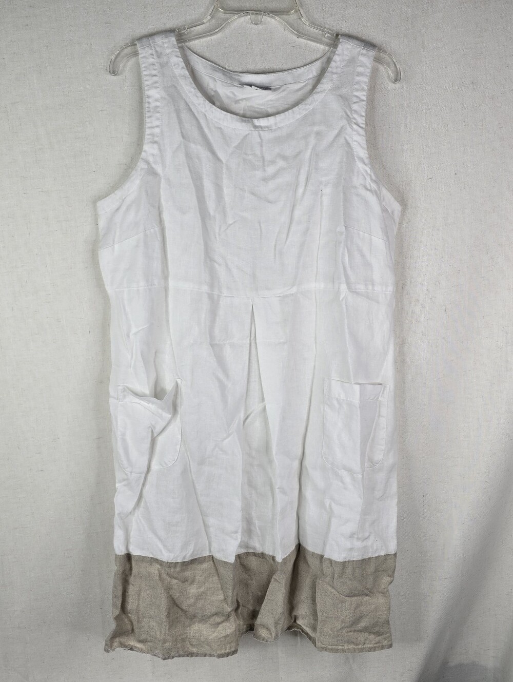 J Jill Pure Linen Dress Large PETITE White Beige Colorblock Sleeveless Pockets